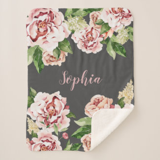 Cobertor Sherpa Dusty Pink Peony Floral Girl Name