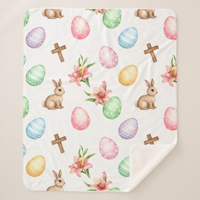 Cobertor Sherpa Easter Grace – Seamless Pastel Bunny & Cross Patte (Frente)