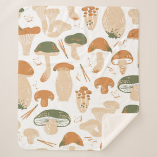 Cobertor Sherpa Edible Mushrooms seamless pattern. Linocut old sty