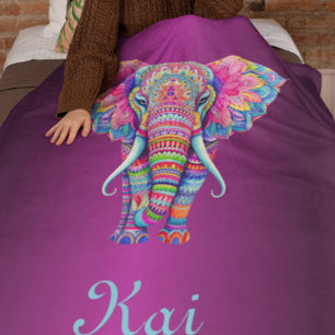 Cobertor Sherpa Elefante Colorido Mandala com Nome Personalizado