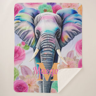 Cobertor Sherpa Elefante de Aquarela com Nome Personalizado de Flo