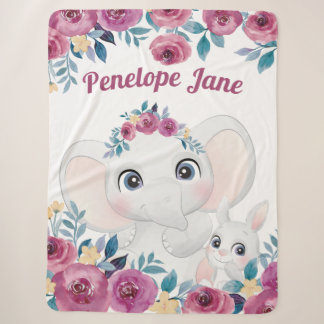 Cobertor Sherpa Elefante e Coelho + Rosas Marrons Nome Personaliza