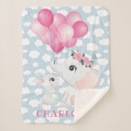 Cobertor Sherpa Elefante Feminino e Coelho com Flores e Balão