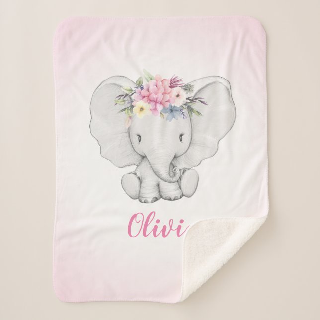 Cobertor Sherpa Elefante floral bebê personalizado da menina (Frente)