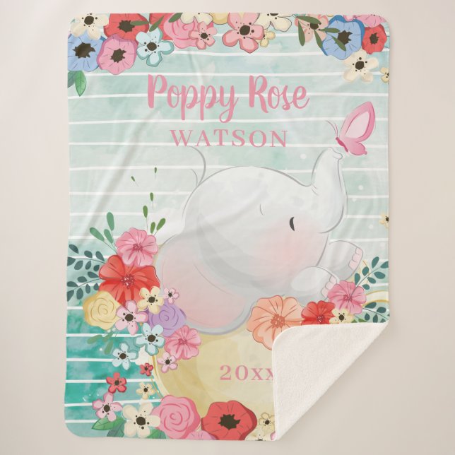 Cobertor Sherpa Elefante Sherpa Blanket com Flores + Nome Personal (Frente)