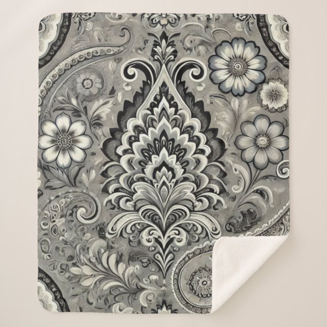 Cobertor Sherpa Elegância Floral de Paisley Preta e Cinza (Frente)