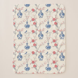 Cobertor Sherpa Elegância Oriental: Porcelana Azul e Blossomas