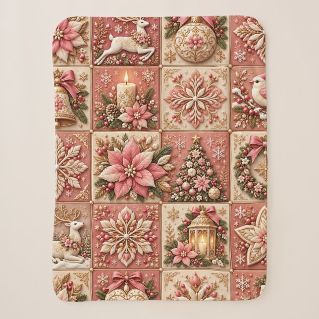 Cobertor Sherpa Elegant Pink Christmas Patchwork Blanket (Frente)