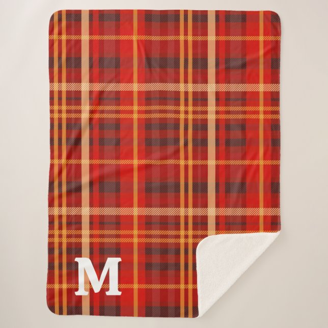 Cobertor Sherpa Elegant Red Black Plaid tartan Monogram  (Frente)