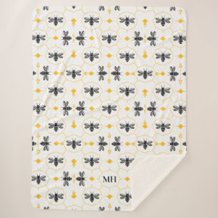 Cobertor Sherpa Elegante Bebida Padrão Amarelo Monograma Negro Mod