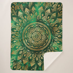 Cobertor Sherpa Elegante Dourado Mandala Floral Verde