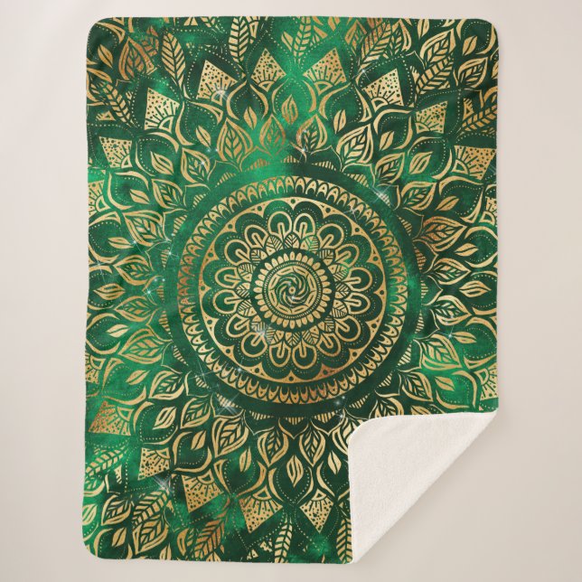 Cobertor Sherpa Elegante Dourado Mandala Floral Verde (Frente)