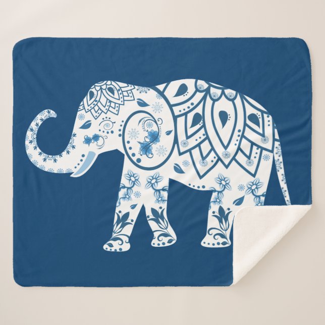 Cobertor Sherpa Elegante Elefante Azul com Padrão (Frente (Horizontal))