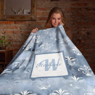 Cobertor Sherpa Elegante Fleur-de-Lis - Vintage Blue French