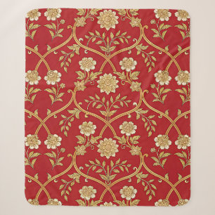 Cobertor Sherpa Elegante Flor de Treliça Dourada Vermelha