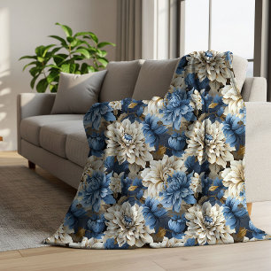 Cobertor Sherpa Elegante Floral Azul Chic Marfim A