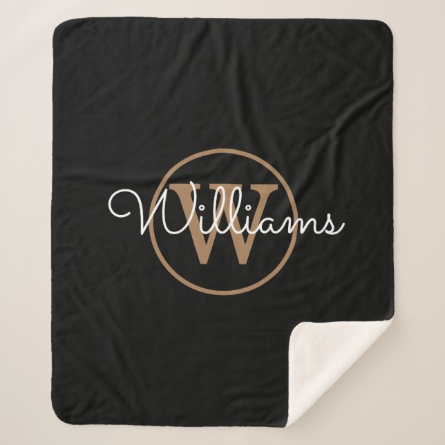 Cobertor Sherpa Elegante Monograma em Ouro Preto Script (Frente)