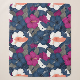 Cobertor Sherpa Elegante padrão floral de hibisco azul (2)