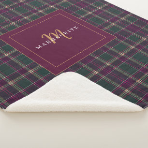 Cobertor Sherpa Elegante Padrão Xadrez Monogramado Burgundy Verde