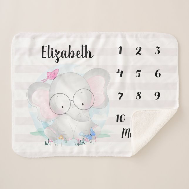 Cobertor Sherpa Elephant Butterflies Baby Milestone (Frente (Horizontal))