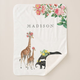 Cobertor Sherpa Elephant & Giraffe Floral Custom Baby Name