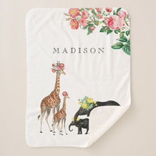 Cobertor Sherpa Elephant & Giraffe Floral Custom Baby Name