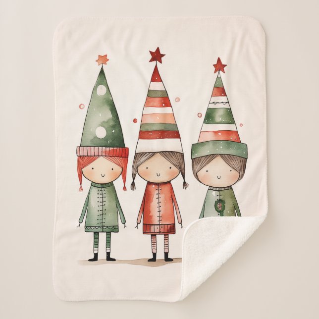 Cobertor Sherpa Elfos de Natal em Chapéus Festivos (Frente)