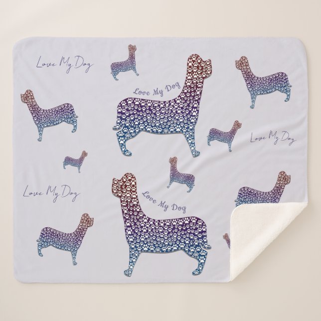 Cobertor Sherpa Embossed Indigo Gradient Paw Print Dog Outline (Frente (Horizontal))