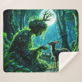Cobertor Sherpa Enchanted nature guardian feeding a baby fawn