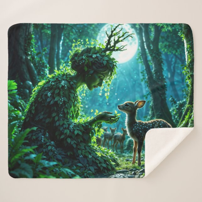 Cobertor Sherpa Enchanted nature guardian feeding a baby fawn (Frente (Horizontal))