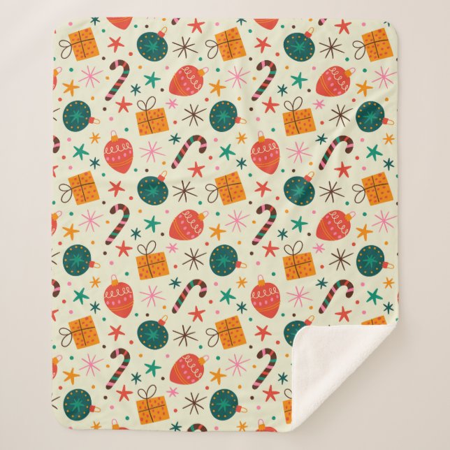 Cobertor Sherpa Enfeites de natal retroativo e padrão de presentes (Frente)