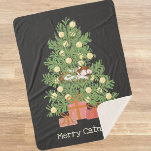 Cobertor Sherpa Engraçado Gato e Felizes de Árvore de Natal! Branc