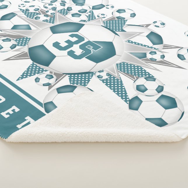 Cobertor Sherpa esferas de futebol branco teal estrelas esportes p (3/4)