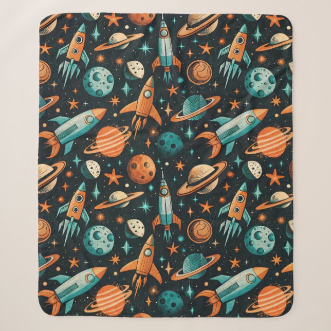 Cobertor Sherpa Espaço Atômico Laranja Teal do Meio do Século (Frente)