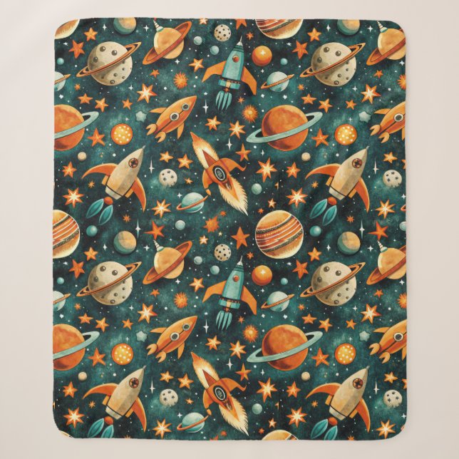 Cobertor Sherpa Espaço Atômico Laranja Teal do Meio do Século (Frente)