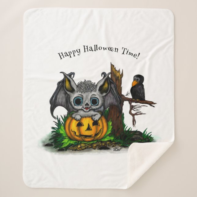 Cobertor Sherpa Esperando o Halloween, Cute Bat e Raven (Frente)