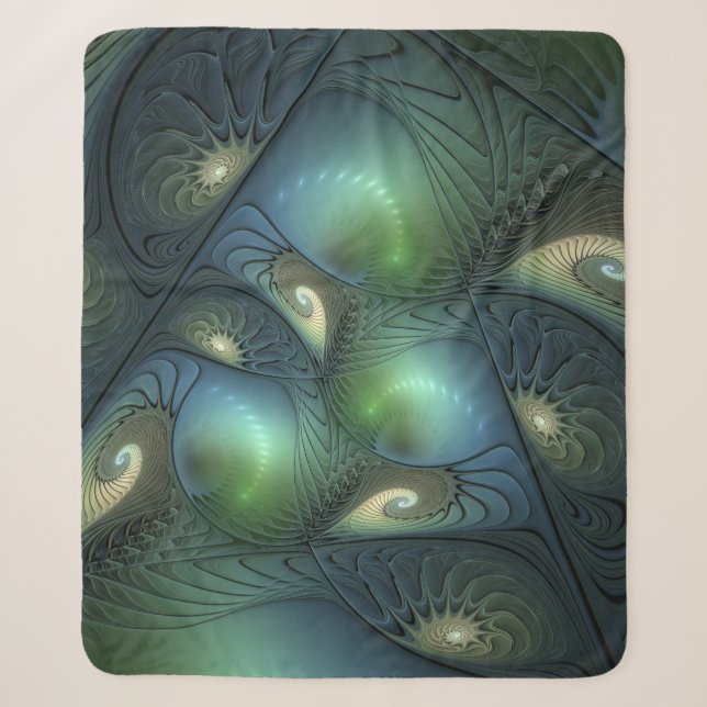 Cobertor Sherpa Espirais Teal Beige Verde Abstrato Fractal (Frente)