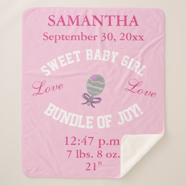 Cobertor Sherpa Estatísticas de Nascimento de Menina Rosa-rosa (Frente)