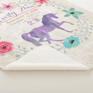 Cobertor Sherpa Estátua de Bébé Menina Unicórnio Roxo Aquarela
