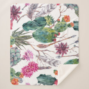 Cobertor Sherpa Estilo Boho, Vintage Cactus Watercolor.