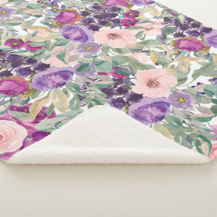 Cobertor Sherpa Estiloso Floral Boho Aquarela Rosa Roxo