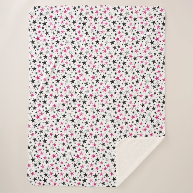 Cobertor Sherpa Estrelas Prateadas Rosa Preto (Frente)
