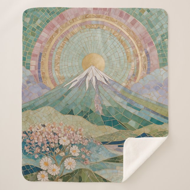 Cobertor Sherpa Ethereal Bloom: Pastel Mosaic Volcano in Spring (Frente)