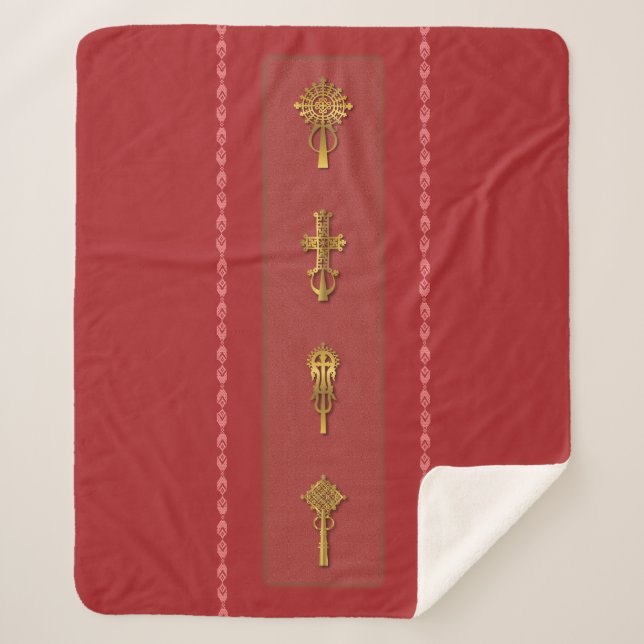 Cobertor Sherpa Ethiopian Orthodox Crosses – Gold on Red (Frente)