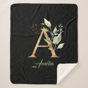 Cobertor Sherpa eucalipto, folha de ouro falso, brilho verde e our