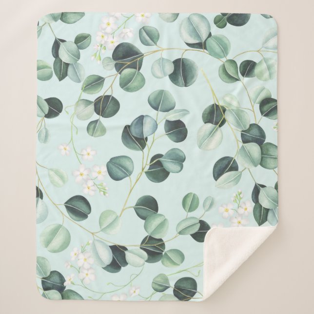Cobertor Sherpa Eucalyptus Bliss: Padrão de Aquarela Turquesa. (Frente)
