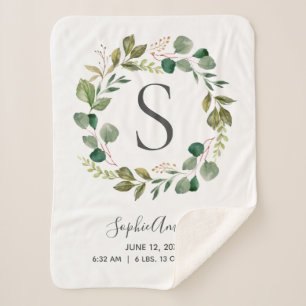 Cobertor Sherpa Eucalyptus Leafy Wreath Baby Monogramas