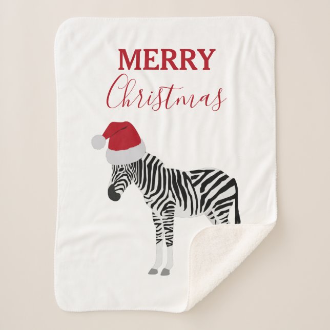 Cobertor Sherpa Fácil de Zebra Natal com Papai Noel (Frente)