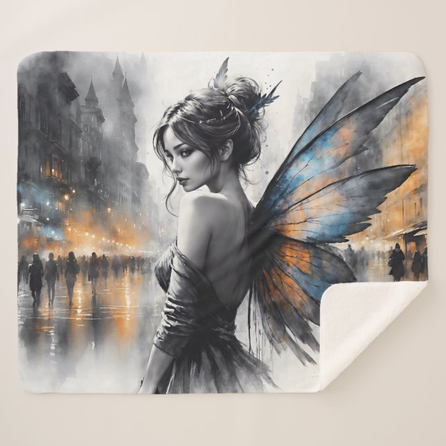 Cobertor Sherpa Fada de água fada, arte noturna mágica (Frente (Horizontal))