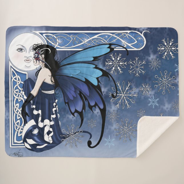 Cobertor Sherpa Fada de Inverno Celta Lua Azul Flocos de Neve Fant (Frente (Horizontal))